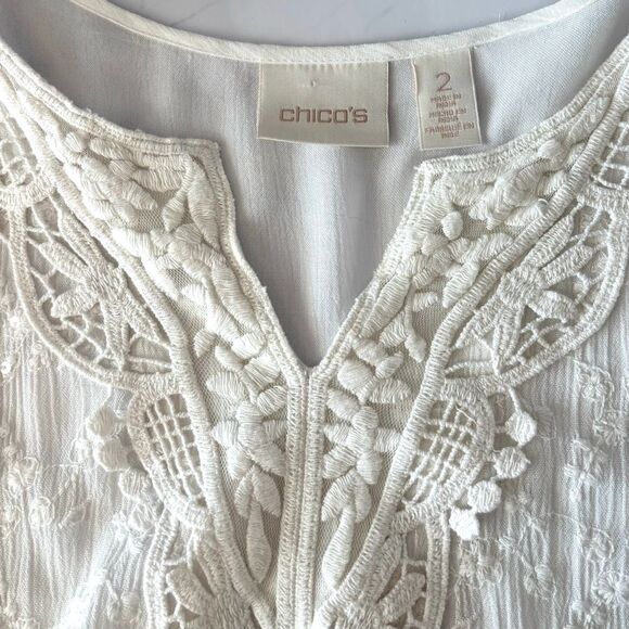 Chicos Shiloh Summer Embroidered Sequin 3/4 Sleeve Relaxed Fit Blouse Size 2 - Picture 9 of 11